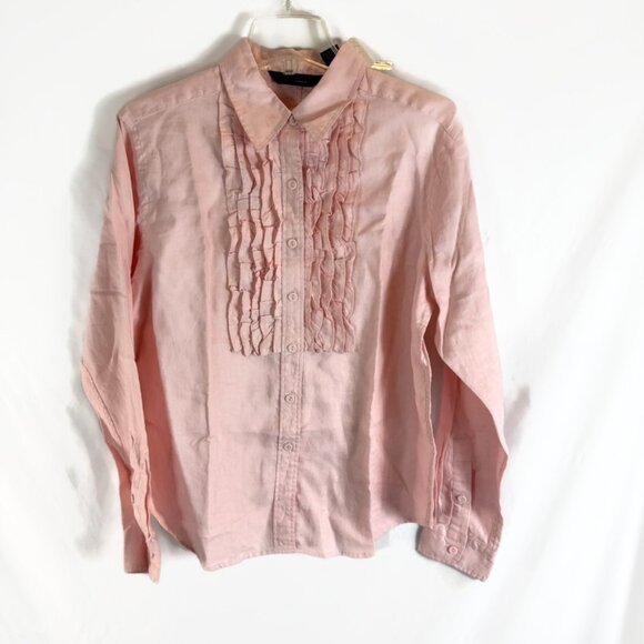 Express Tops - Express Womens Large Pink  Linen Button Up Shirt Long Sleeve ruffled